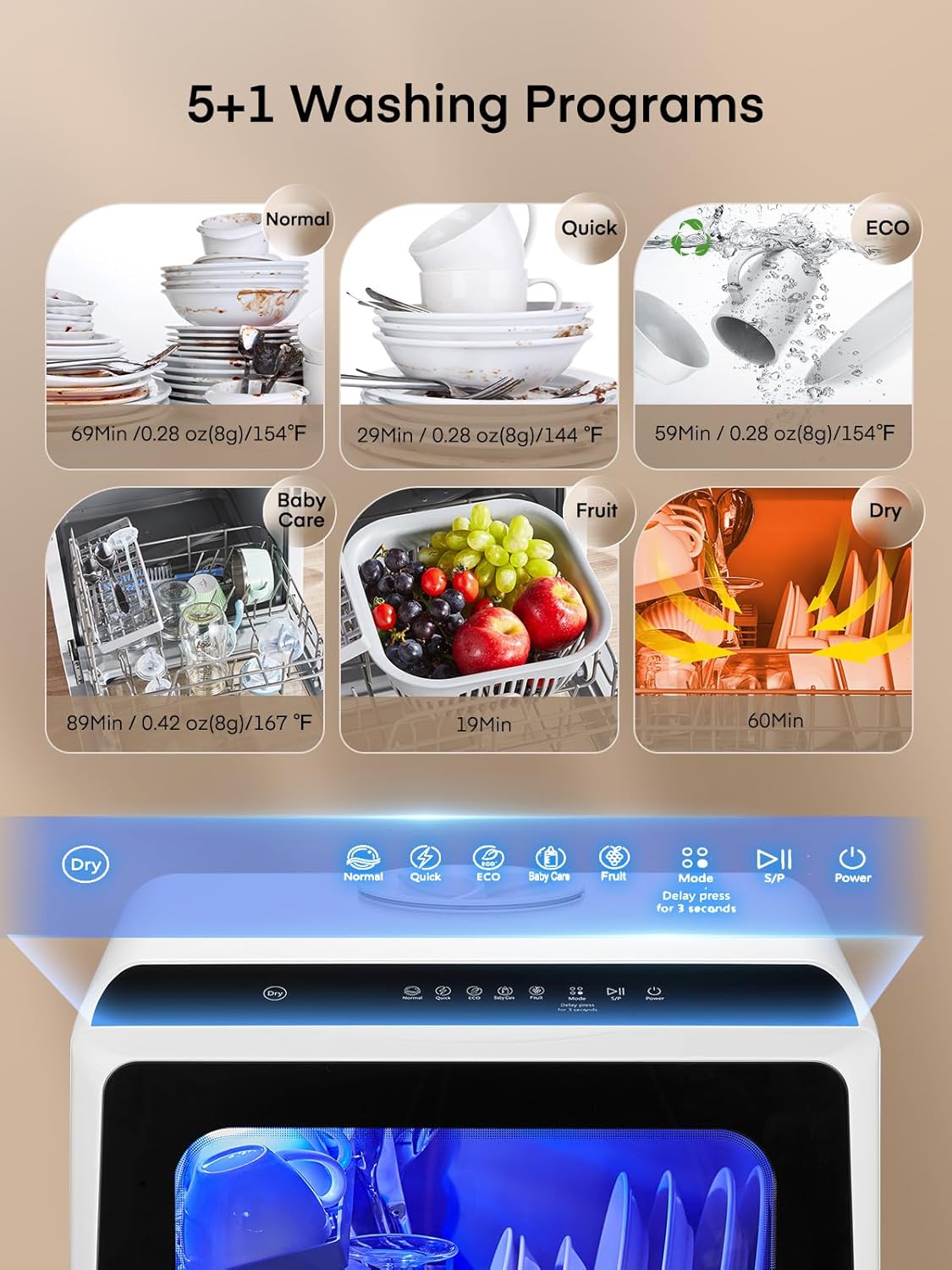Table Top Dishwasher, Mini Countertop Dishwasher W/ 6 Programs, Delayed Start Function and Air Drying Function