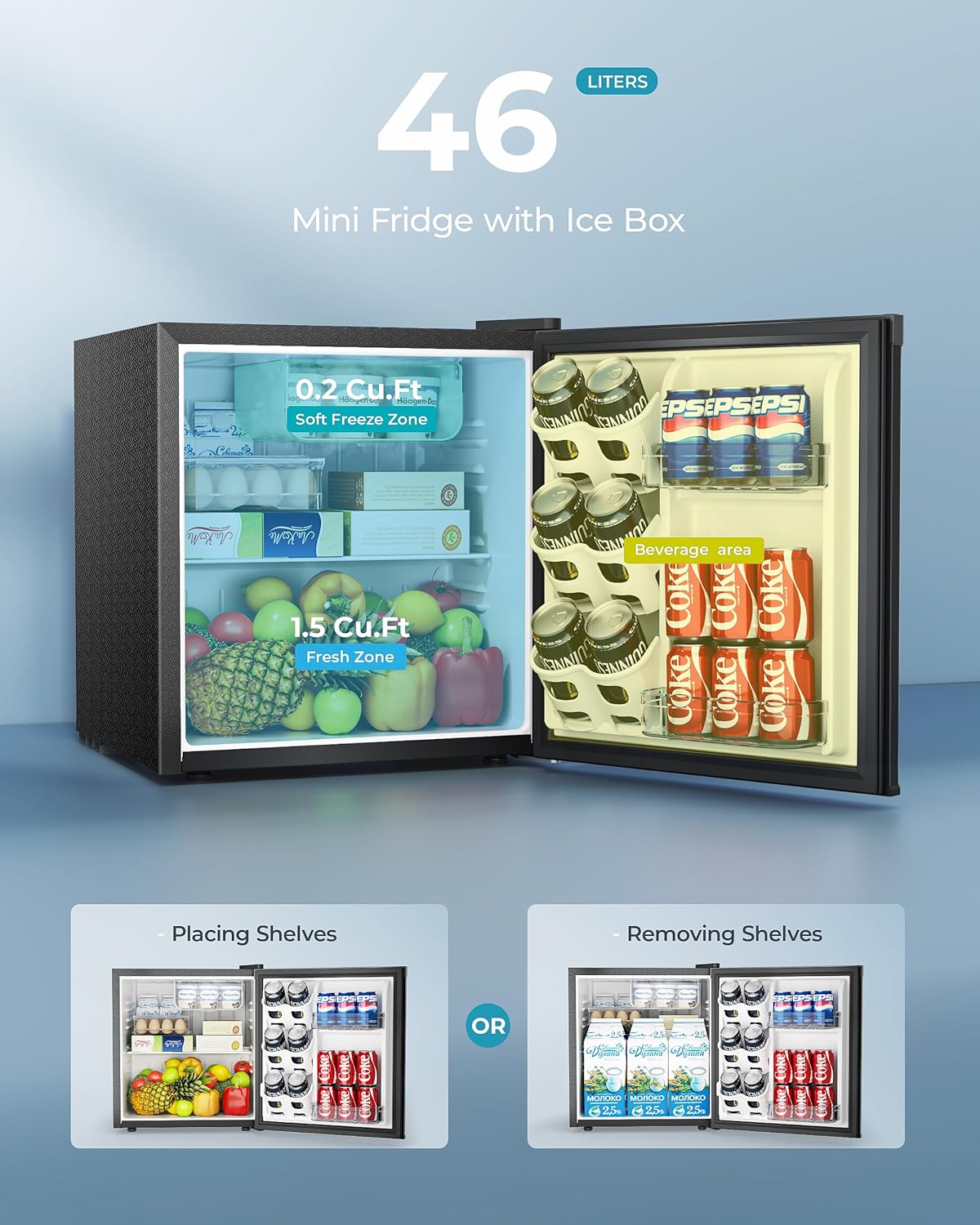 46L Mini Fridge - Small Table Top Fridge with Reversible Door & Chiller Box, 7-Level Adjustable Thermostat, Low Noise (38 dB)