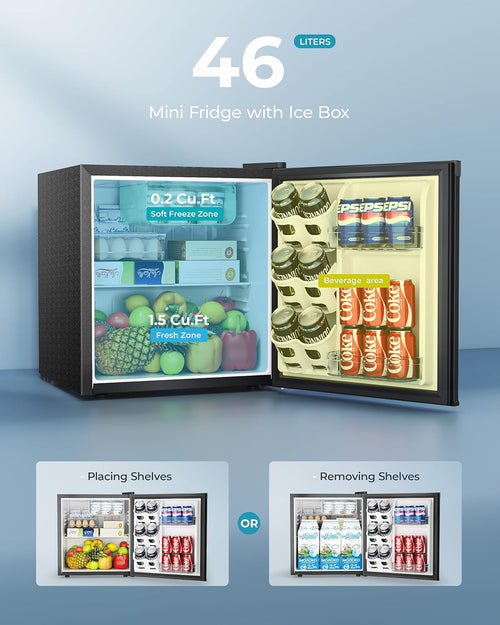 46L Mini Fridge - Small Table Top Fridge with Reversible Door & Chiller Box, 7-Level Adjustable Thermostat, Low Noise (38 dB)