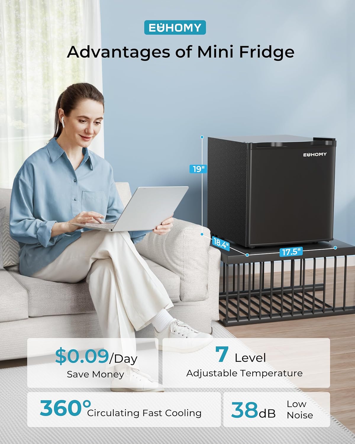 46L Mini Fridge - Small Table Top Fridge with Reversible Door & Chiller Box, 7-Level Adjustable Thermostat, Low Noise (38 dB)