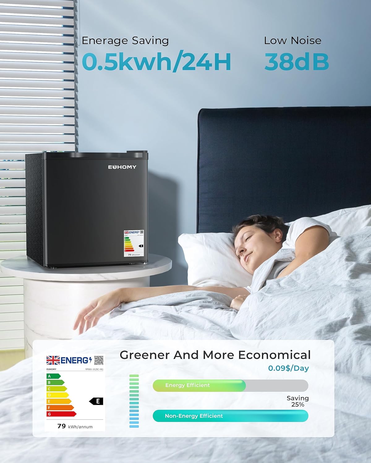 46L Mini Fridge - Small Table Top Fridge with Reversible Door & Chiller Box, 7-Level Adjustable Thermostat, Low Noise (38 dB)