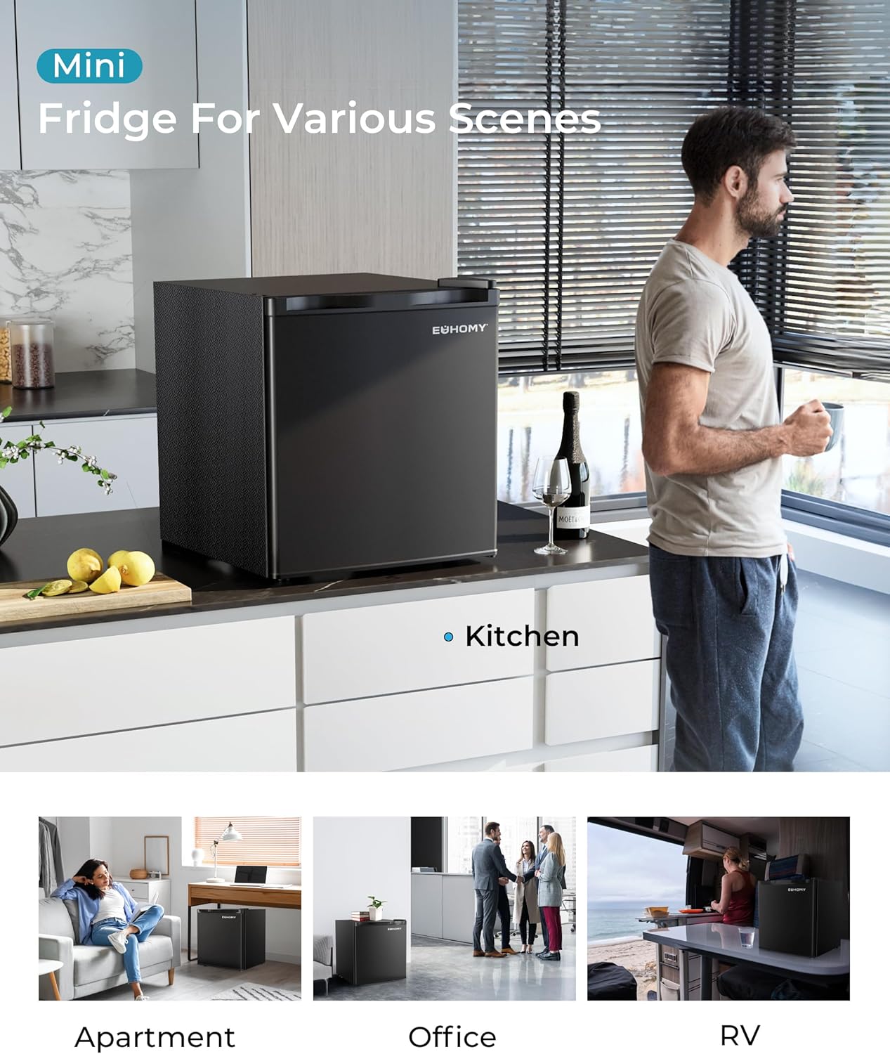 46L Mini Fridge - Small Table Top Fridge with Reversible Door & Chiller Box, 7-Level Adjustable Thermostat, Low Noise (38 dB)