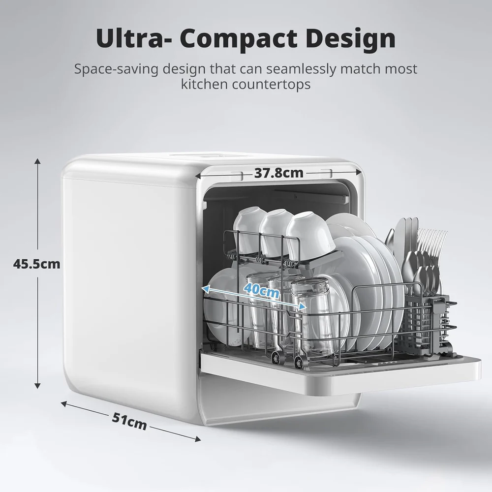 Portable Countertop Dishwasher Mini Dishwasher with 5L Tank, 9 Programs, 37 * 50cm Ultra-Narrow & Deep Design, 1-24H Delay Start & 360° Dual Spray, Hose/No-Hose Setup, White