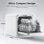 Portable Countertop Dishwasher Mini Dishwasher with 5L Tank, 9 Programs, 37 * 50cm Ultra-Narrow & Deep Design, 1-24H Delay Start & 360° Dual Spray, Hose/No-Hose Setup, White
